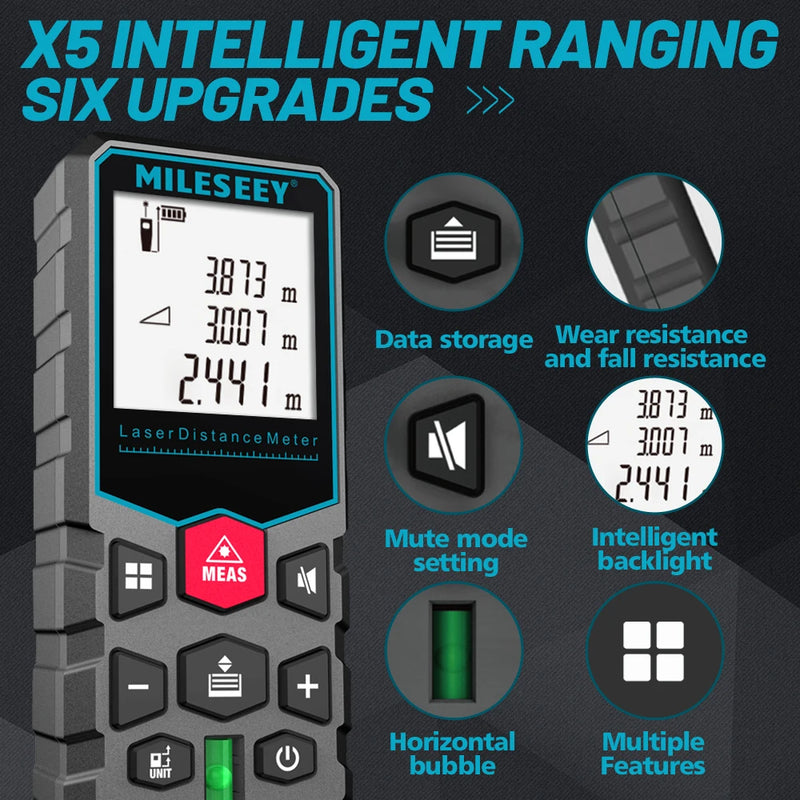 MILESEEY X6 Laser tape measure 40M 60M 80M 100M, Professional Rangefinder with angle display for DIY, Decorating, Building