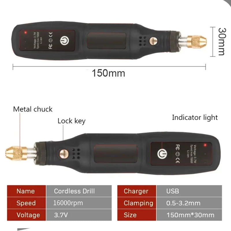 Mini Electric Drill USB Wireless Mini Handheld Drill Rotary Tool Woodworking Engraving Pen Dremel Tools for Jewelry Metal Glass